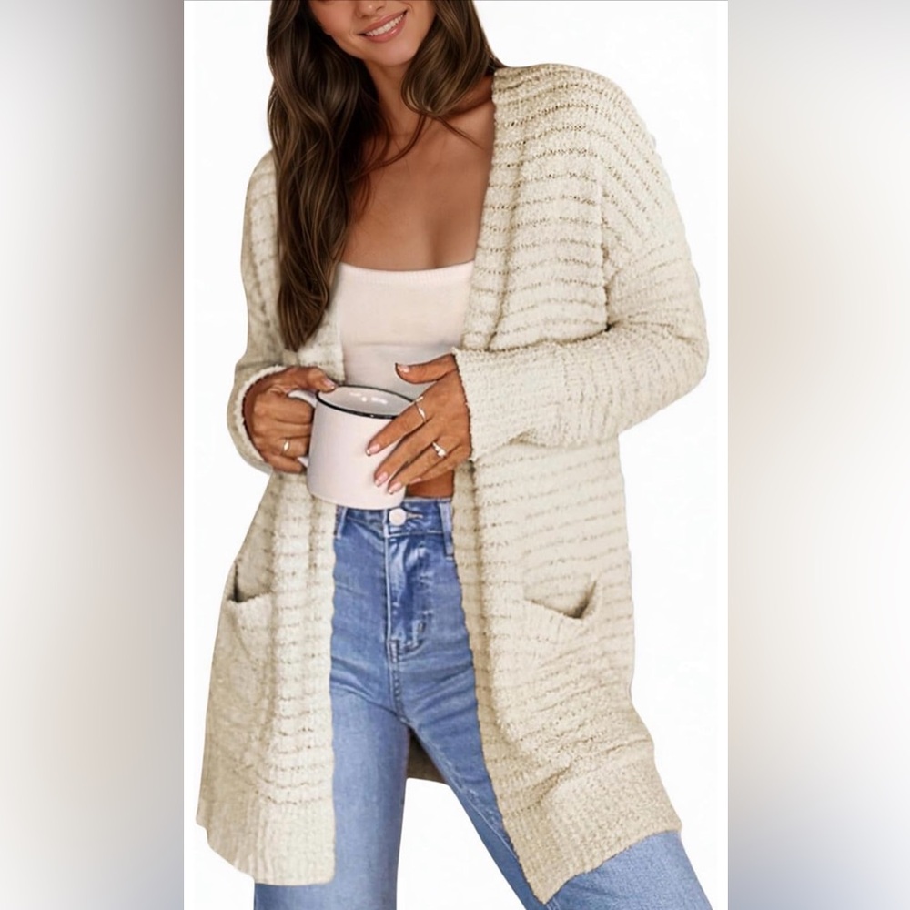 NEW! CiCiBird Cream Open-Front Fluffy Cardigan with Pockets